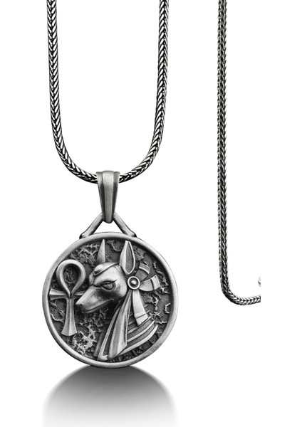 Anubis ve Ankh Haç Madalyon Gümüş Kolye