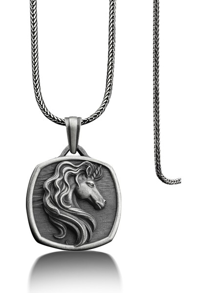 Unicorn Tek Boynuzlu At Madalyon Gümüş Kolye