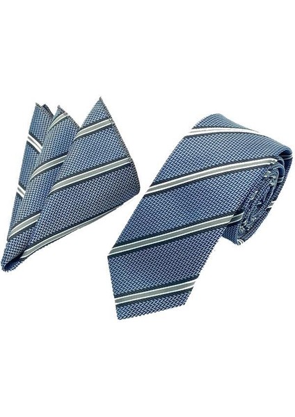 Gri Çizgili Kravat Mendil Set