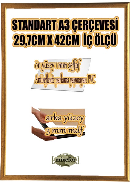 MİXEFOR A3 Çerçeve-Renk ALTIN Arka Yüzey 3mm Mdf-Ön yüzey Kırılmaz parlama yapmayan Antireflektif