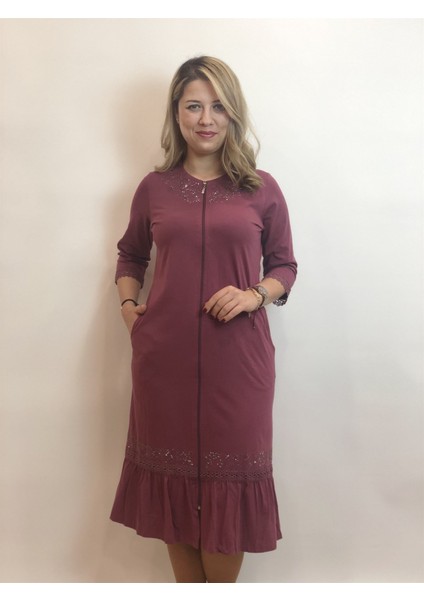 Fermuarlı Midi Leylak Renk Bayan Yazlık Pamuklu Elbise