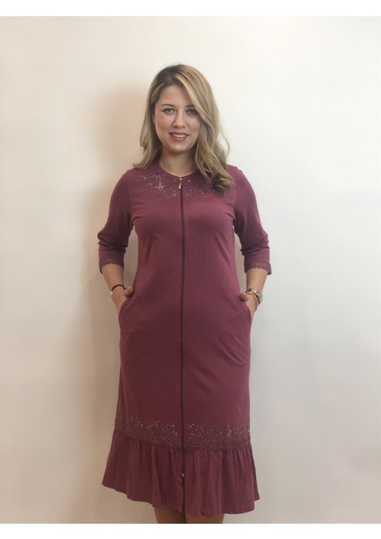 Fermuarlı Midi Leylak Renk Bayan Yazlık Pamuklu Elbise