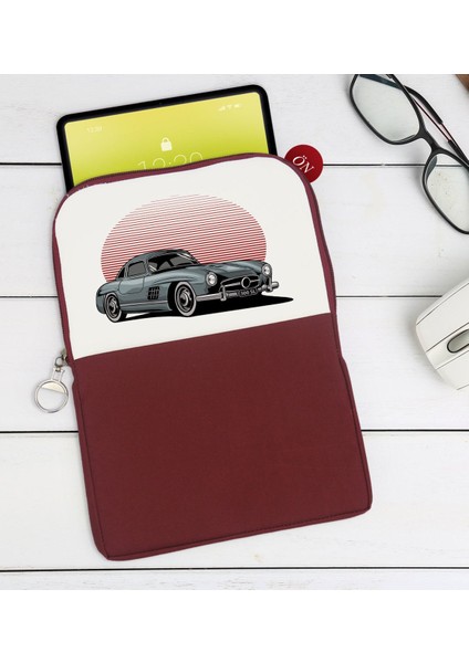 Gift Klasik Araç Tasarımlı Taşınabilir Koruyucu Tablet Kılıfı & Organizer Çanta - Bordo-9