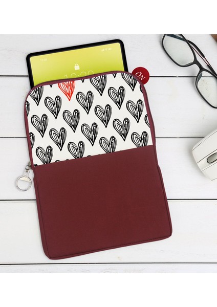 Gift Kalpler Tasarımlı Taşınabilir Koruyucu Tablet Kılıfı & Organizer Çanta - Bordo-1