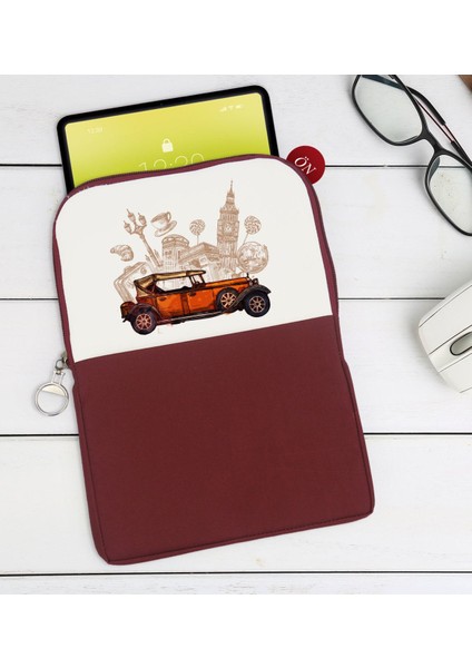 Gift Klasik Araç Tasarımlı Taşınabilir Koruyucu Tablet Kılıfı & Organizer Çanta - Bordo-2