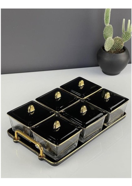 Lüx Porselen Cam Gold Siyah 6 Lı Kahvaltı Takımı