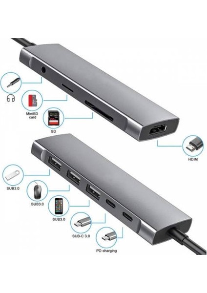 Polham Type C Port 9in1 Çoğaltıcı Hub, 4K Hdmi, RJ45, 3,5mm, Sd Tf, 3x USB 3.0, 2x Pd Type C Adaptör