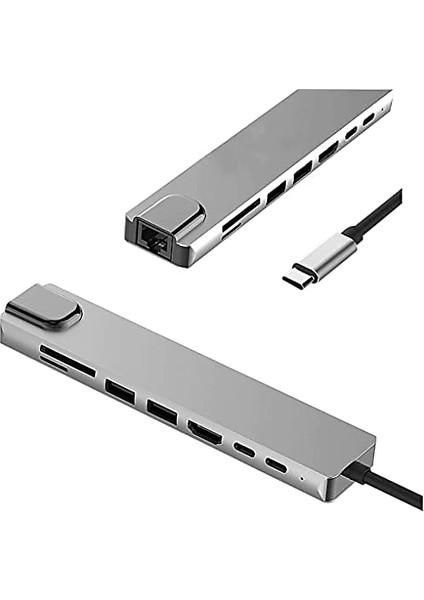 Fc-10 8 In 1 Type C To 2 Port USB 3.0 2 Sd Tf HDMI RJ45 2pd Kablolu Adaptör