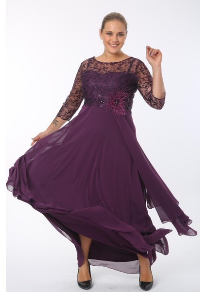 Büyük Beden 3175 Patlıcan Uzun Abiye Elbise