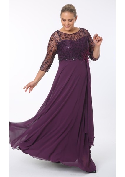 Büyük Beden 3175 Patlıcan Uzun Abiye Elbise fiyatları