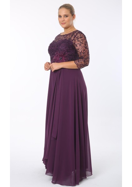 Büyük Beden 3175 Patlıcan Uzun Abiye Elbise modelleri