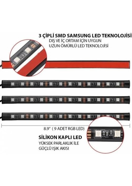 Auto Ampulance Usb Girişli 12 Ledli Araç Içi Ayak Altı Sese Duyarlı Rgb Şerit Led Aydınlatma