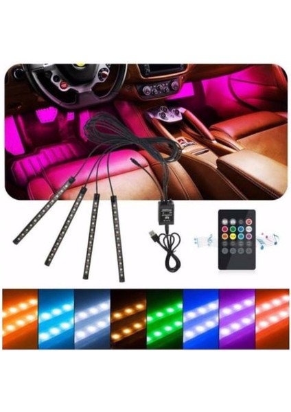 Auto Ampulance Usb Girişli 12 Ledli Araç Içi Ayak Altı Sese Duyarlı Rgb Şerit Led Aydınlatma