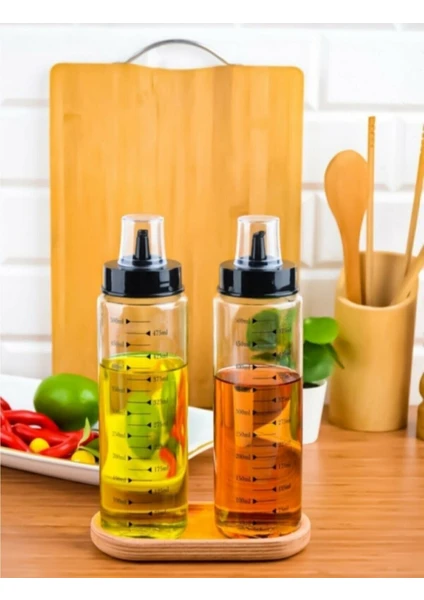 Kitchen Pembelia Ahşap Standlı 2 Adet 500 ml Damlatmaz Yağdanlık&yağlık Set