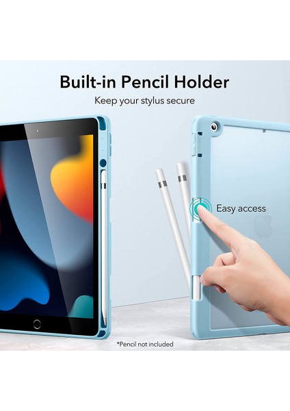 Apple iPad 7. Nesil 10.2 Kılıf Kalem Bölmeli Şeffaf Case A2197 A2198 A2200 Açık Mavi