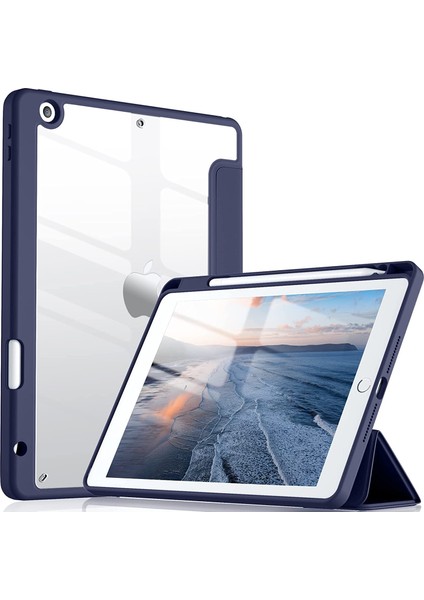 Apple iPad 9. Nesil 10.2" Kılıf Kalem Bölmeli Şeffaf Case A2602 A2603 A2604 A2605 Lacivert