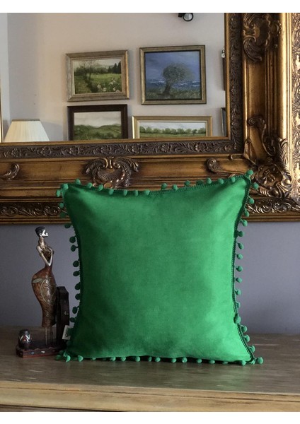 Yeşil Ponponlu Yeşil Yastık Kılıfı Model-2 (Kare)