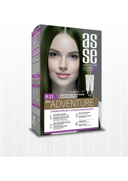 Adventure Set Saç Boyası, Kalıcı ve Canlı Renkler 1+1 İki Kullanım Seti (No:8.11 Açık Doğal Zeytin Sarı) fiyatları
