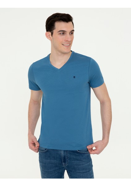 Erkek İndigo Slim Fit V Yaka Basic Tişört 50252211-VR028