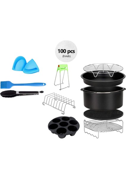 Yui / Xiaomi / Philips / Kumtel Uyumlu 12'li Air Fryer Aksesuarları Seti (20cm) - Siyah (Yurt Dışından)