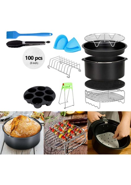 Yui / Xiaomi / Philips / Kumtel Uyumlu 12'li Air Fryer Aksesuarları Seti (20cm) - Siyah (Yurt Dışından) modelleri