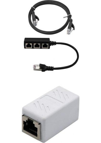 1 - 3RJ45 M / F Ethernet Adaptörü ve Kedi 6 Kablo + F / F Couplic Connector Beyaz