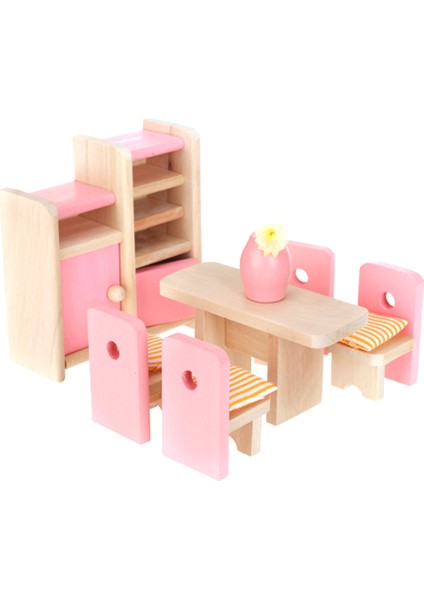 Ahşap Yemek Odası Masa Sandalye Yastık Vazo Dollhouse Mobilya Çocuk Oyuncak Pembe (Yurt Dışından)