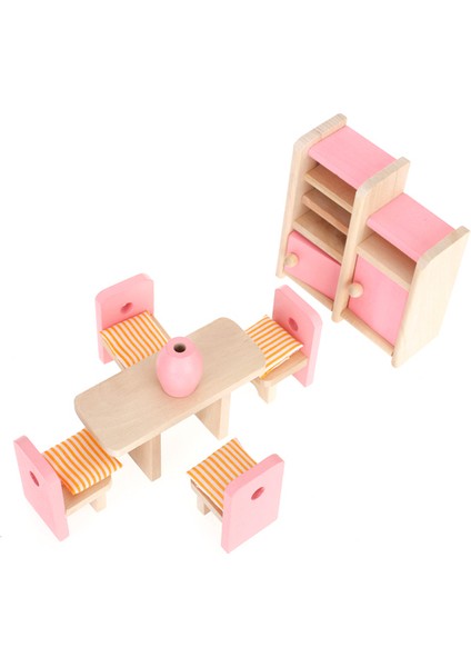 Ahşap Yemek Odası Masa Sandalye Yastık Vazo Dollhouse Mobilya Çocuk Oyuncak Pembe (Yurt Dışından) fiyatları