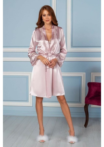 6'lı Kaplı Midi Gecelik Sabahlık Set 6965 Pudra