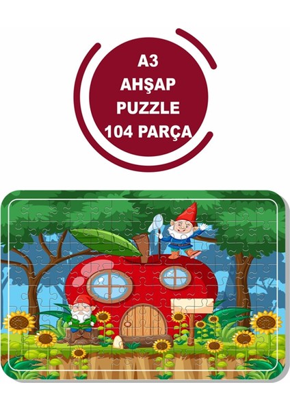 Kırmızı Elma ve Cüceler A3 104 Parça Ahşap Puzzle
