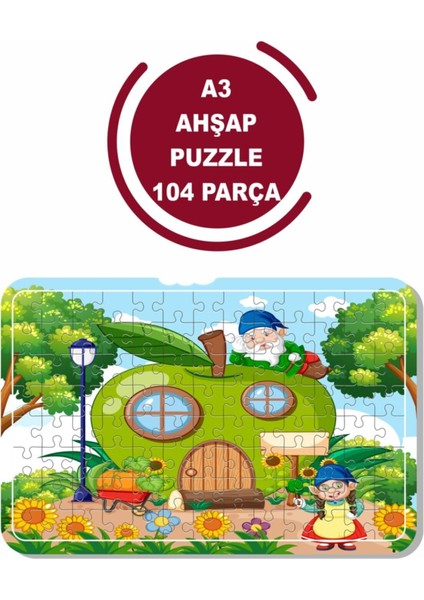 Yeşil Elma ve Cüceler A3 104 Parça Ahşap Puzzle