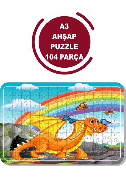 Sevimli Ejderha ve Gökkuşağı A3 104 Parça Ahşap Puzzle