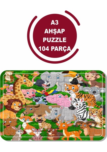 Sevimli Hayvanlar A3 104 Parça Ahşap Puzzle