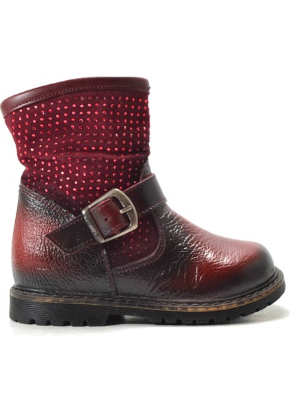 Deri Bordo Taşlı Kız Bebek Yarım Çizme