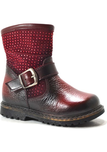 Deri Bordo Taşlı Kız Bebek Yarım Çizme fiyatları