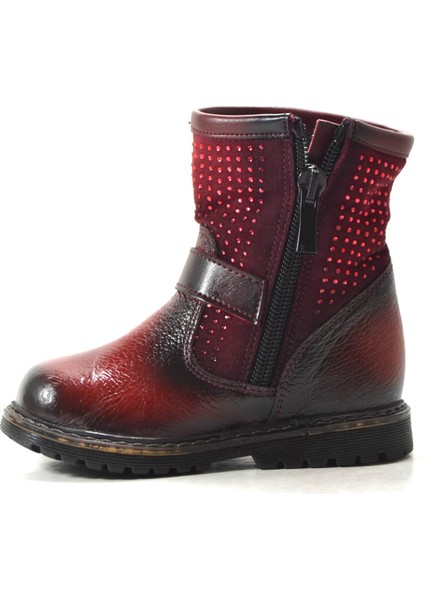 Deri Bordo Taşlı Kız Bebek Yarım Çizme modelleri