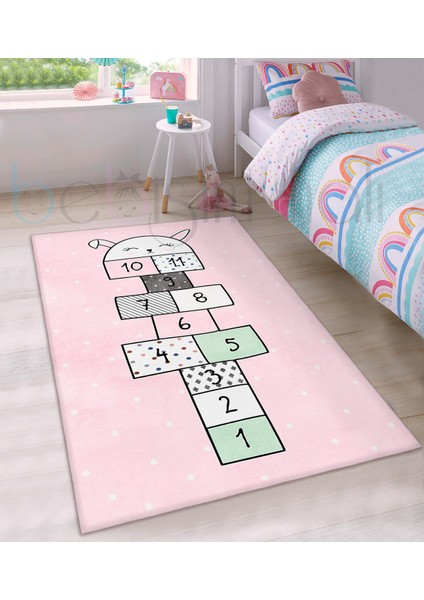 Eğitici Seksek Sevimli Tavşan Desenli Çocuk Odası Halısı