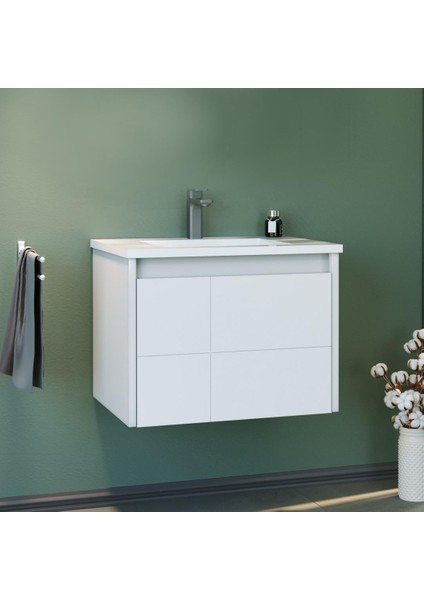 Likya 60 cm Mdf Mat Beyaz Banyo Dolabı Alt Modül ve Lavabo