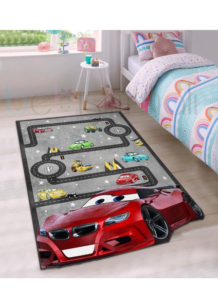 Eğitici Yol Yarış Kırmızı Şimşek Araba Desenli Çocuk Odası Halısı