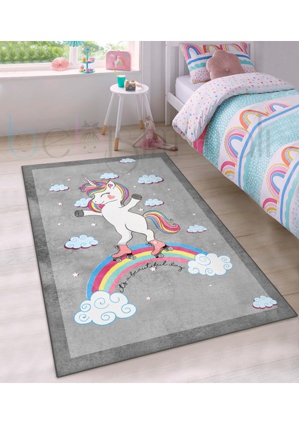 Sevimli Patenli Unicorn Gökkuşağı Desenli Çocuk Odası Halısı