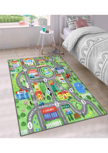Eğitici Yol Araba Şehir Kafe Hastane Müze Istasyon Dondurmacı Desenli Çocuk Odası Halısı