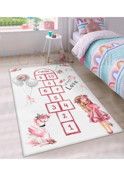 Eğitici Seksek Prenses Peri Flamingo Desenli Çocuk Odası Halısı