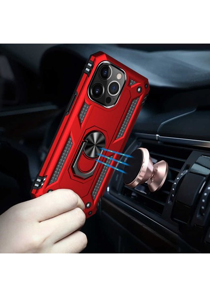 Apple iPhone 13 Pro Max Kılıf Vega Tank Standlı Yüzüklü Mıknatıslı Kırmızı