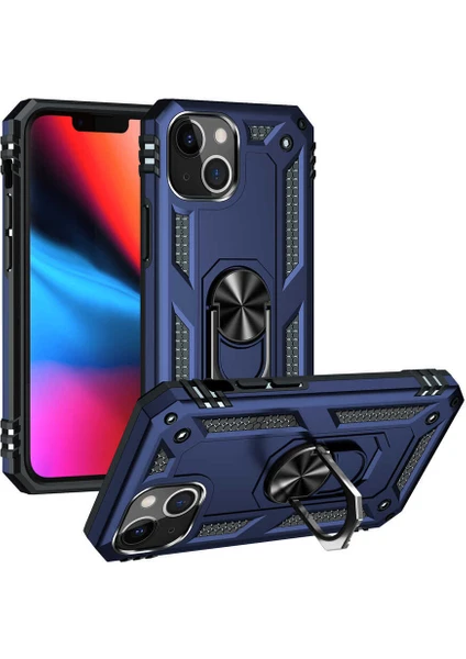 Case Street Apple iPhone 13 Kılıf Vega Tank Standlı Yüzüklü Mıknatıslı+Nano Glass Lacivert