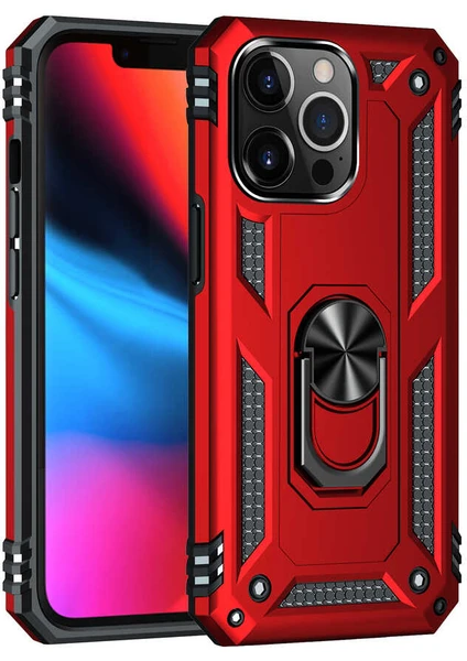 Case Street Apple iPhone 13 Pro Max Kılıf Vega Tank Standlı Yüzüklü Mıknatıslı+Nano Glass Kırmızı