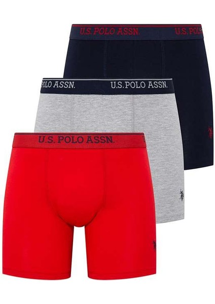 U.S. Polo Assn. Erkek Kırmızı - Gri Melanj - Lacivert 3'lü Uzun Paçalı Boxer 80454Y