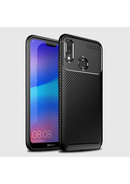 Huawei P20 Lite Kılıf Kamera Korumalı Karbon Desenli Slim Fit Leke Tutmaz Silikon Kapak