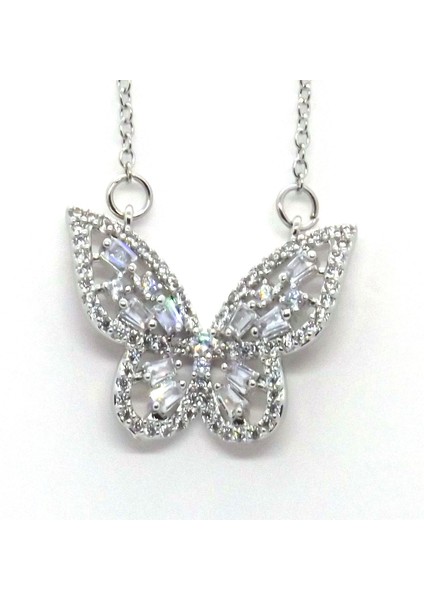 Gümüş Renk Çelik Kelebek Motifli Çok Taşlı Kolye 690