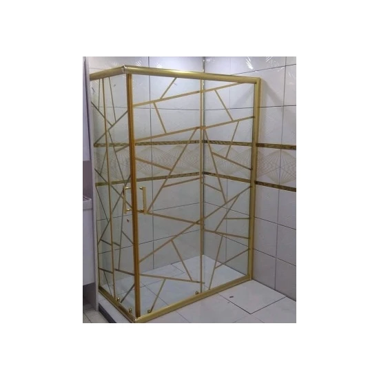 Özel Duş Özelduş 100X100 cm 5 mm Gold Şerit Seffaf Cam, Gold Profil Köşe Açılır..