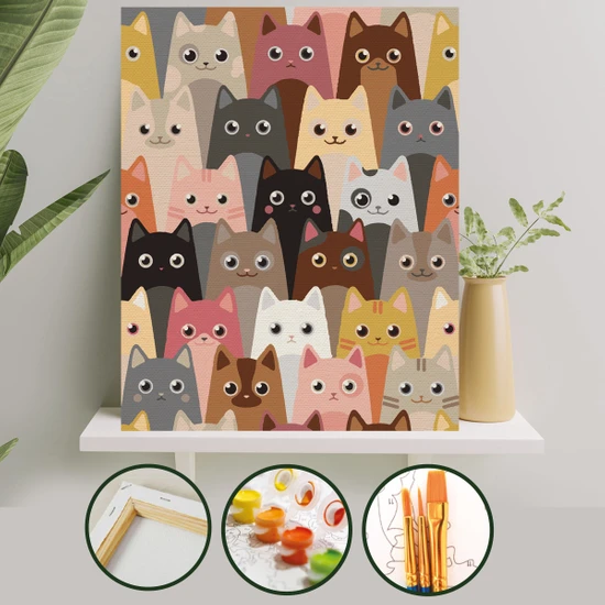 Palmiye Hobi Sanat Sayılarla Boyama Tuval Seti Fırça Boya Dahil (Çıtalı) 40x50 CM - Kediler